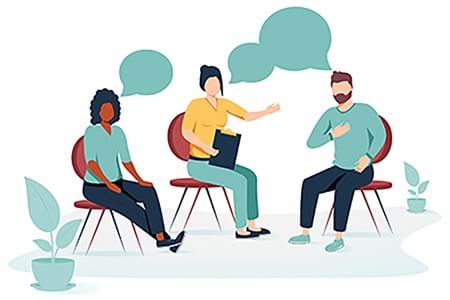 An illustration of three people sitting on chairs with speech bubbles above their heads. 